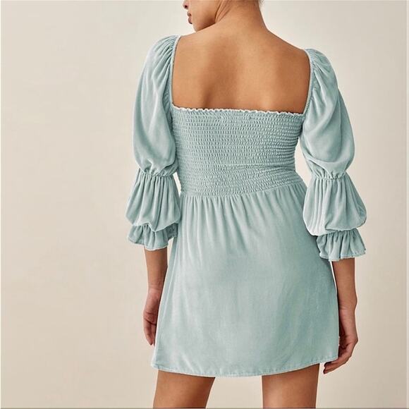 NEW Reformation Albi Long Sleeve Velvet Mini Dress in Turquoise Size XS - Picture 2 of 11